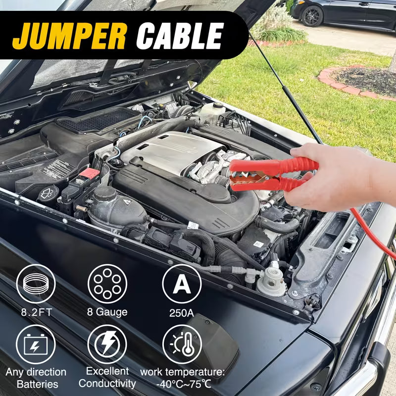 Person using a jumper cable to jumpstart a car with text and icons highlighting product features.