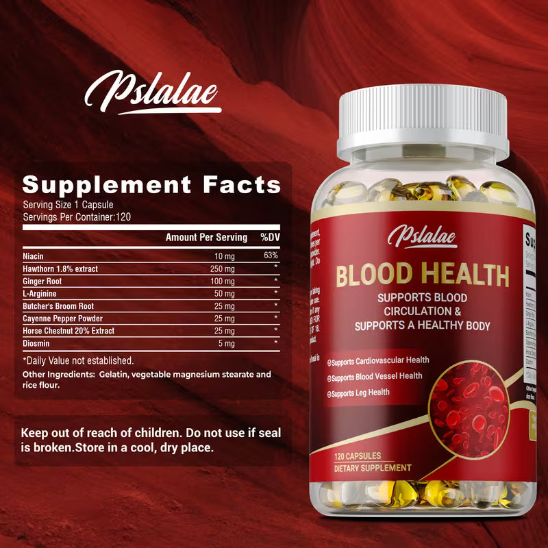 Psalalae blood health supplement bottle with label and supplement facts on a red background