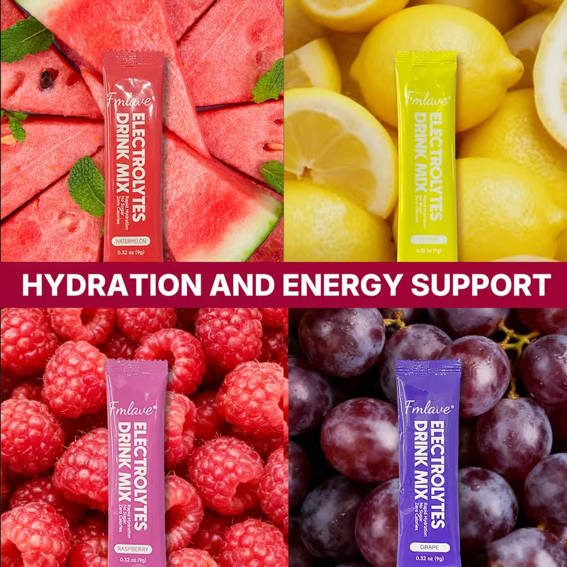 Four images of different electrolyte drink mixes with fruits and text about hydration and energy support.