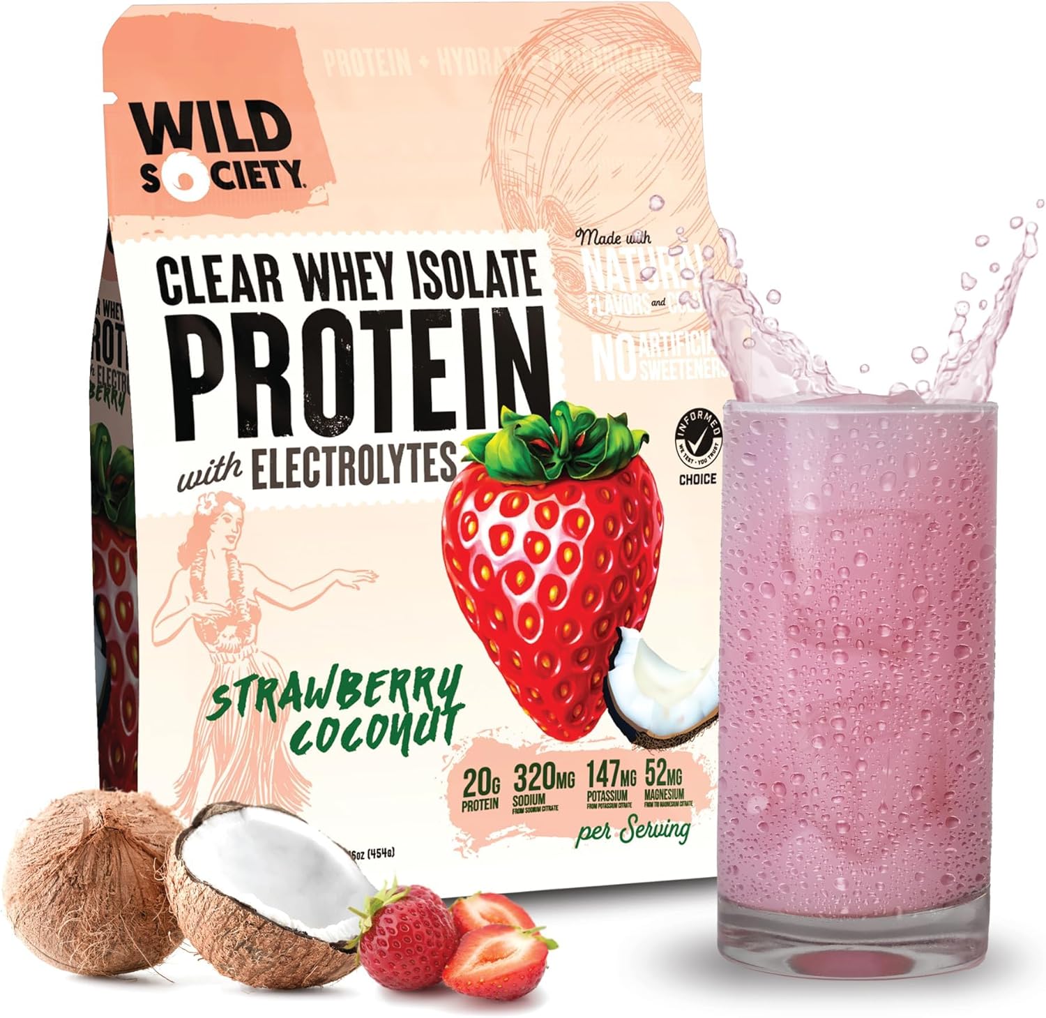 Wild Society strawberry coconut protein package with a glass of pink protein shake.