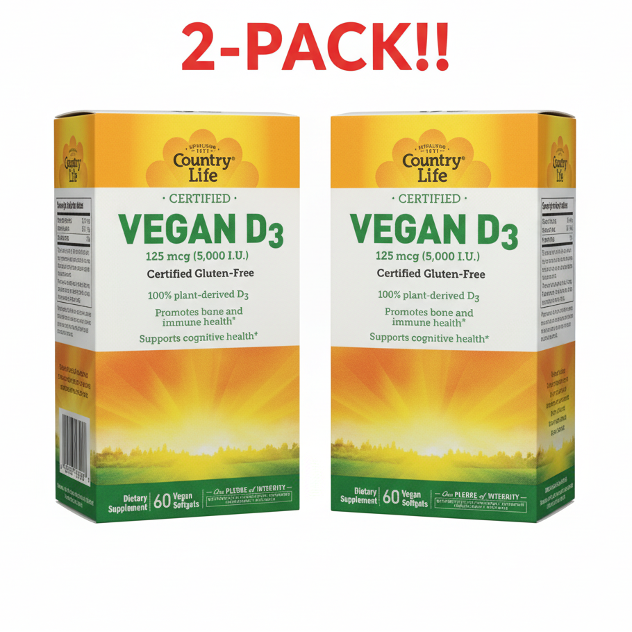 Country Life Vegan D3 supplement package on a white background