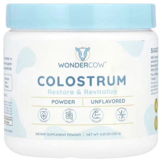 Container of WonderCow colostrum powder with a blue lid on a white background