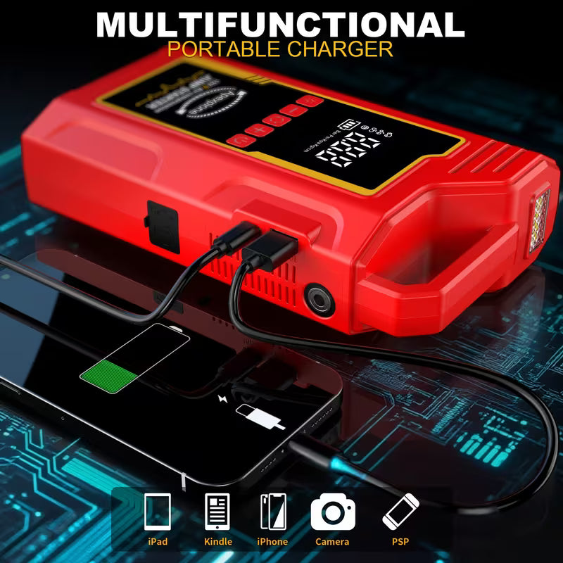 Red multifunctional portable charger with digital display on a dark background