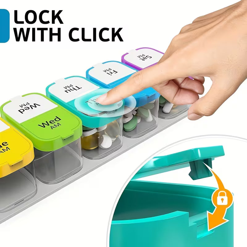Multicolored pill organizer with 'Lock with Click' feature, showing a hand pressing a button.