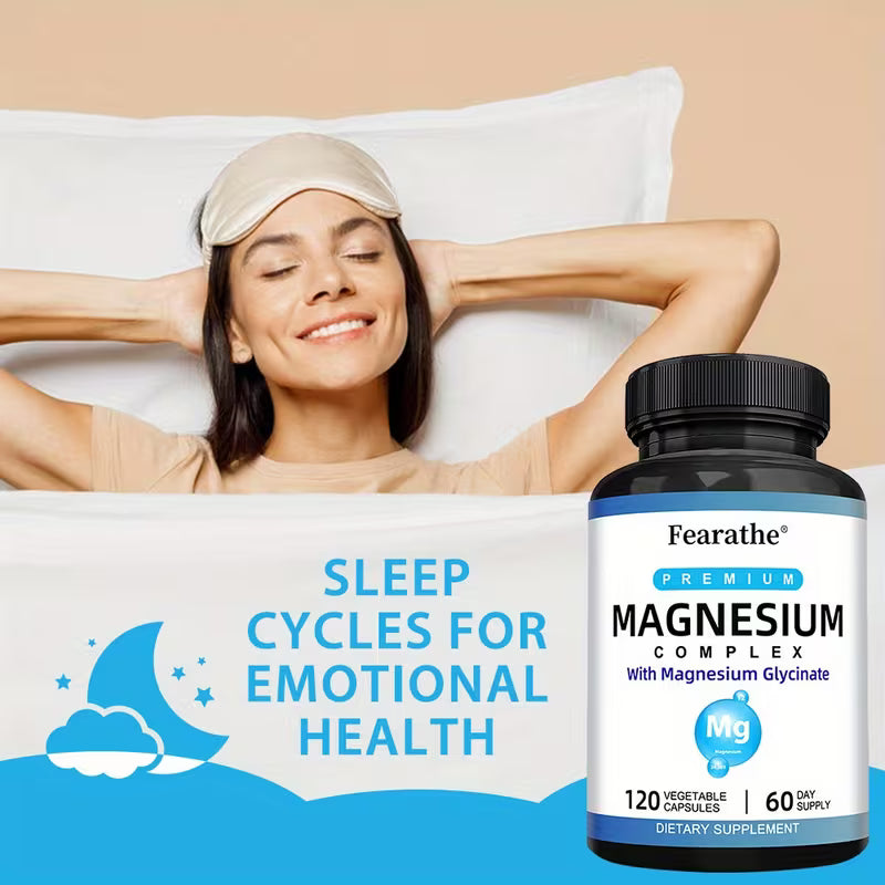 Woman lying in bed with a sleep mask, supplement bottle of Fearathe Magnesium Complex on a beige background