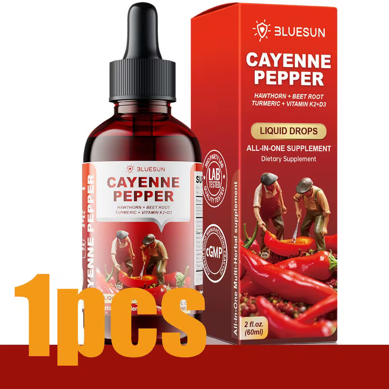 Cayenne pepper supplement bottle and packaging on a white background