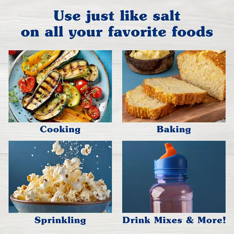 Product advertisement showing its uses in cooking, baking, sprinkling, and drink mixes.