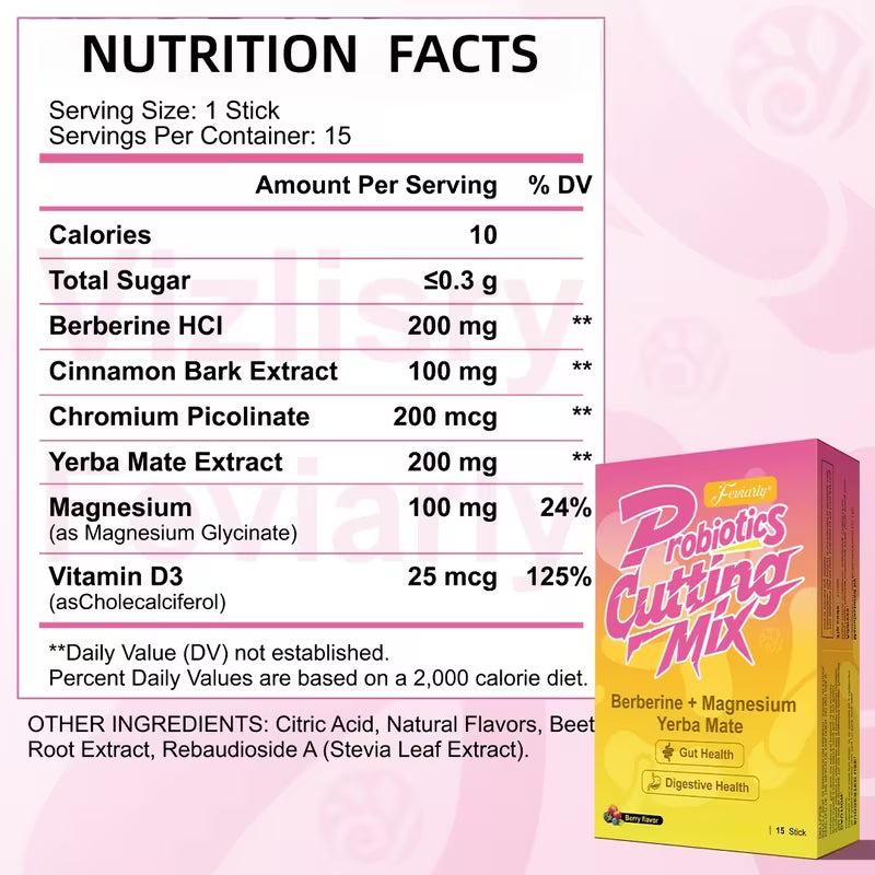 Nutrition facts label and Probiotics Cutting Mix packaging on a pink background