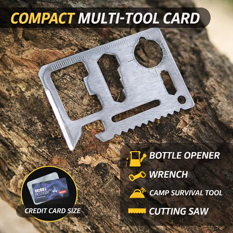Compact multi-tool card with various functions on a wooden background