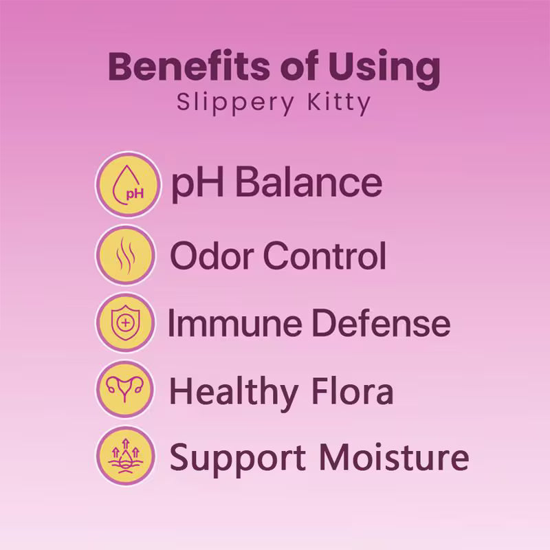 List of benefits of using Slippery Kitty on a pink background