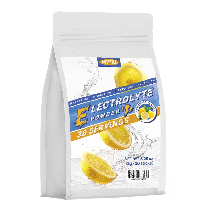 Bag of electrolyte powder with lemon flavor on a white background