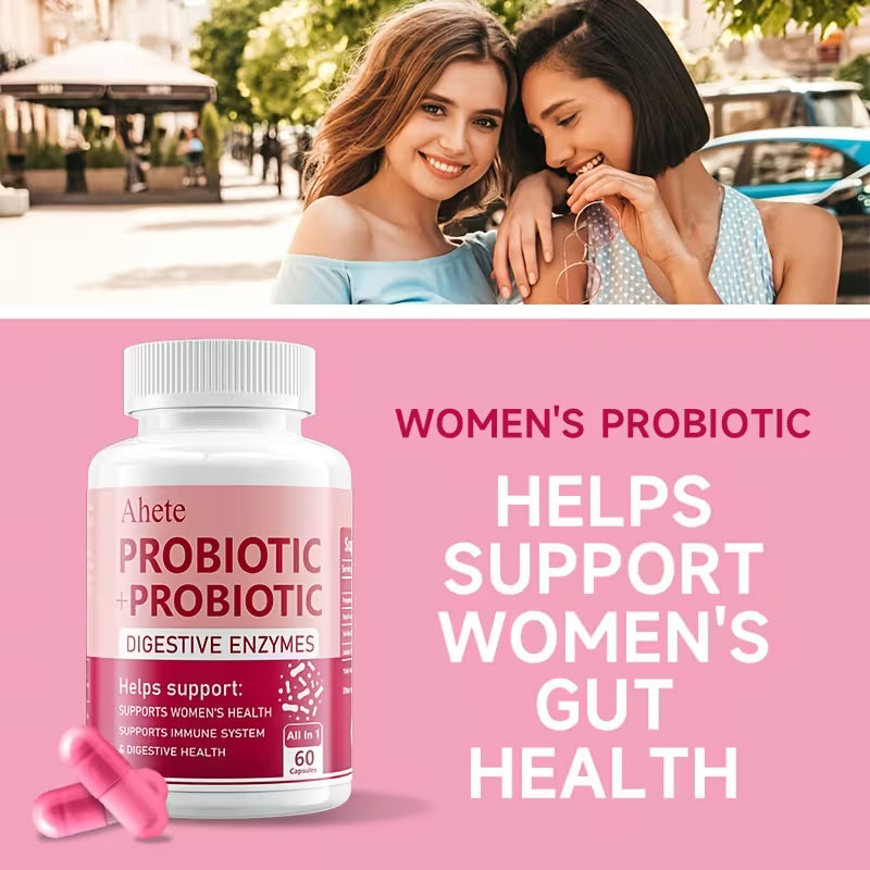 Two women smiling outdoors with a bottle of Ahete Probiotic on a pink background.