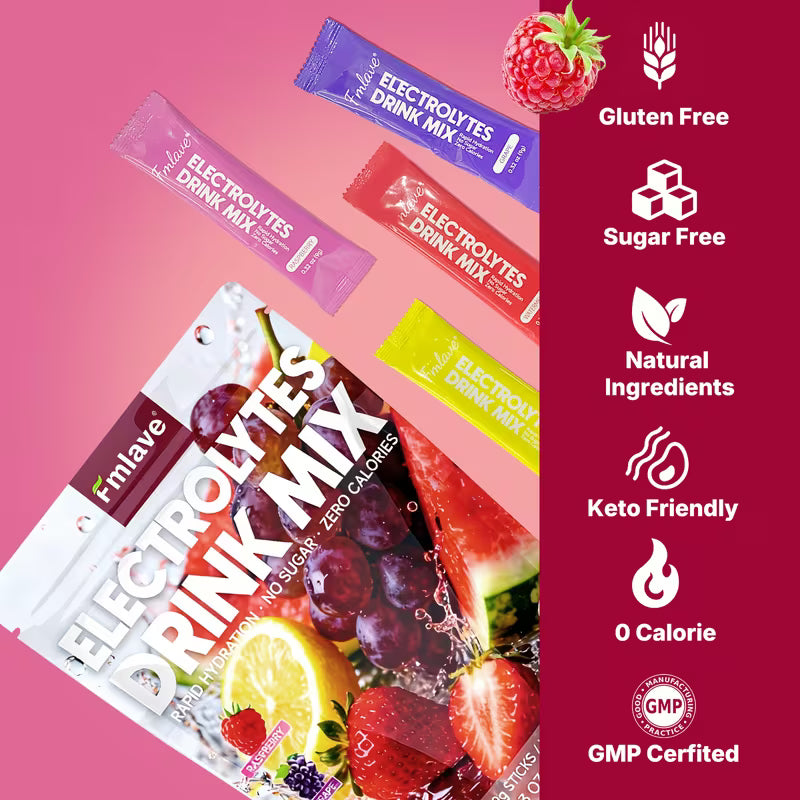 Electrolyte drink mix packets with flavor labels and health benefits on a pink background