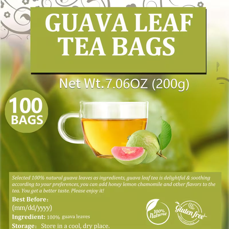 Guava leaf tea bags packaging with a cup of tea and guava fruit on a green background.