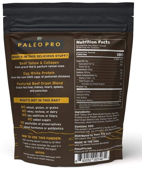 Paleo Pro product packaging with nutrition facts and ingredient list on a white background