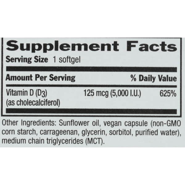 Supplement facts label for a vitamin D supplement with serving size, amount per serving, and ingredient list.