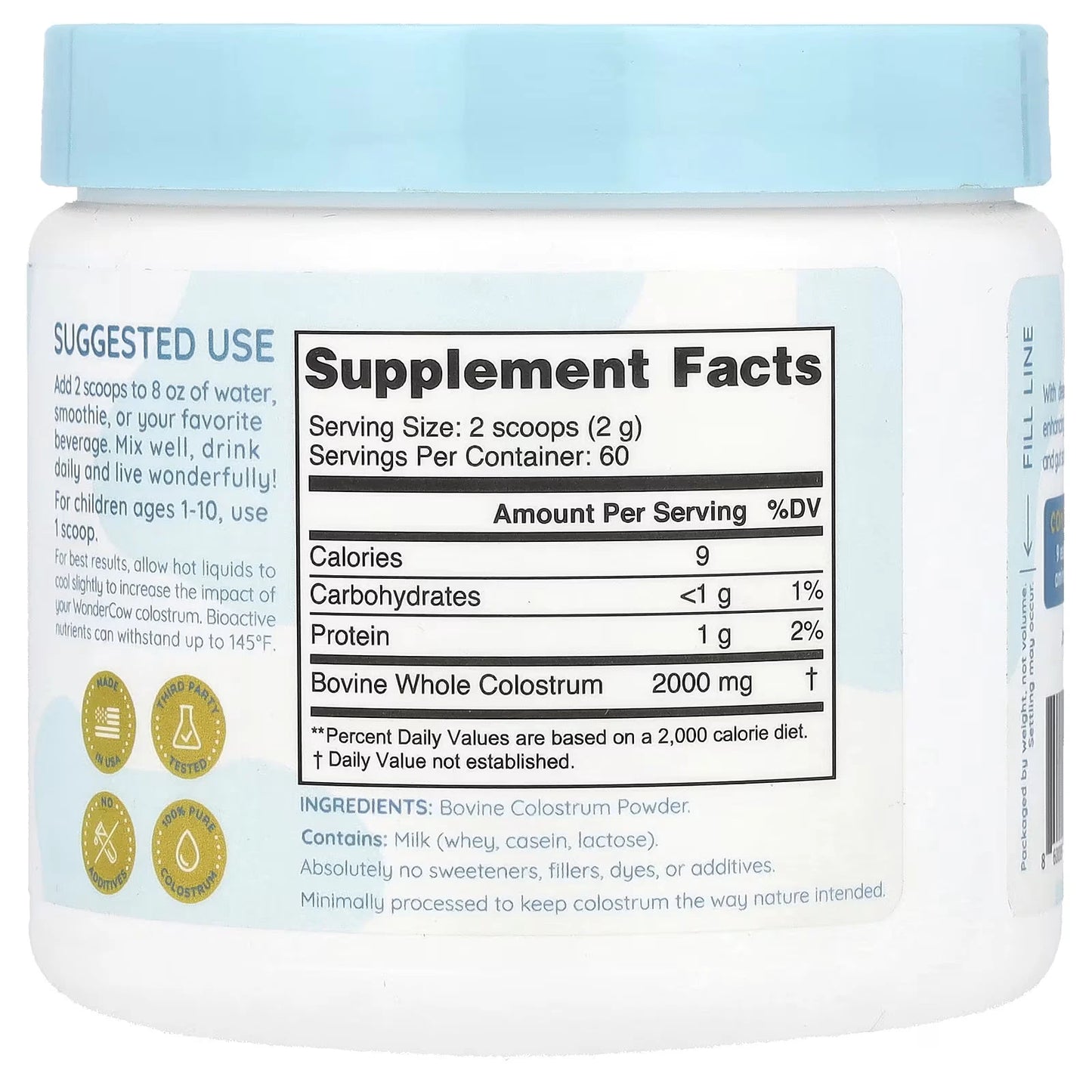 Supplement container with blue lid and white body displaying supplement facts.