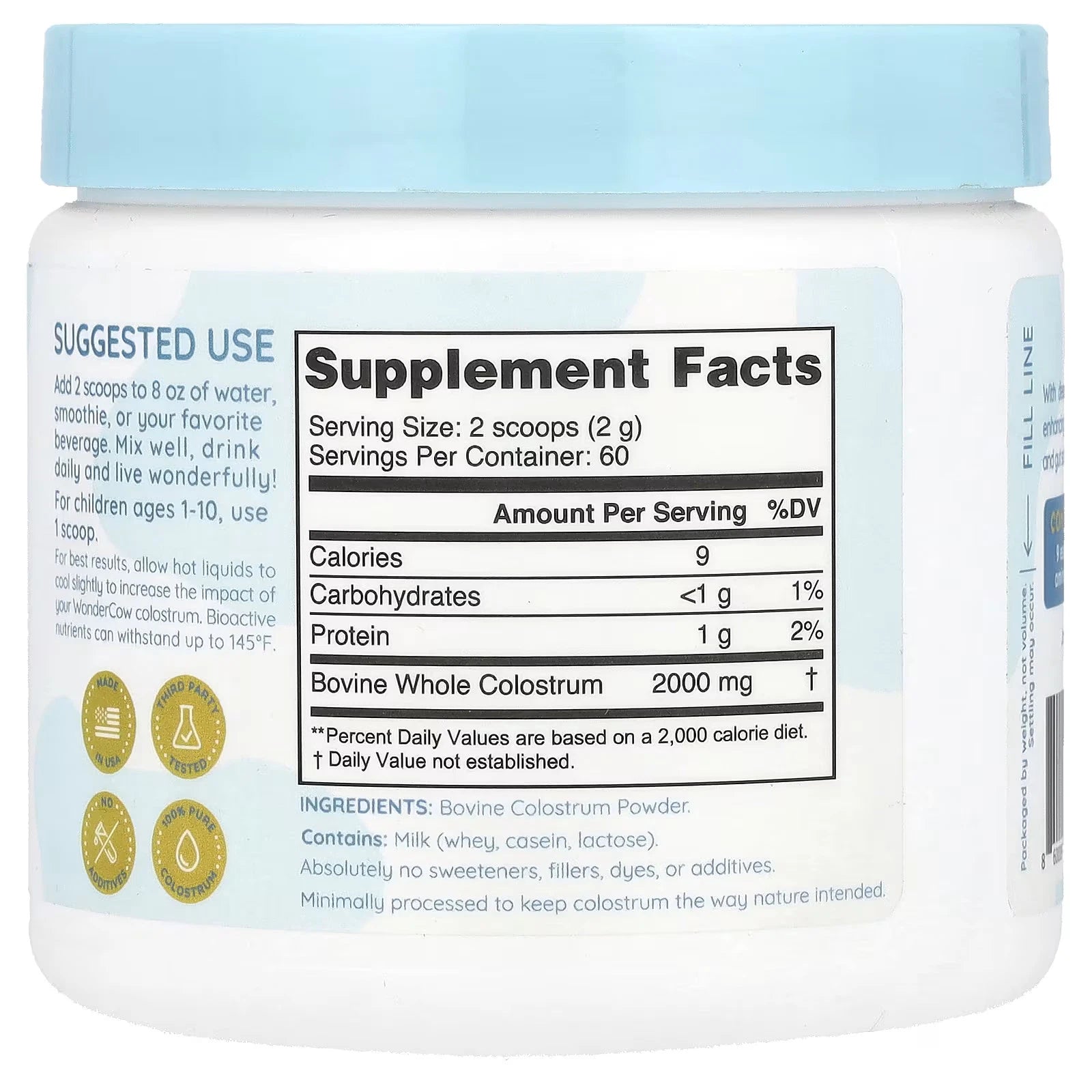 Supplement container with blue lid and white body displaying supplement facts.