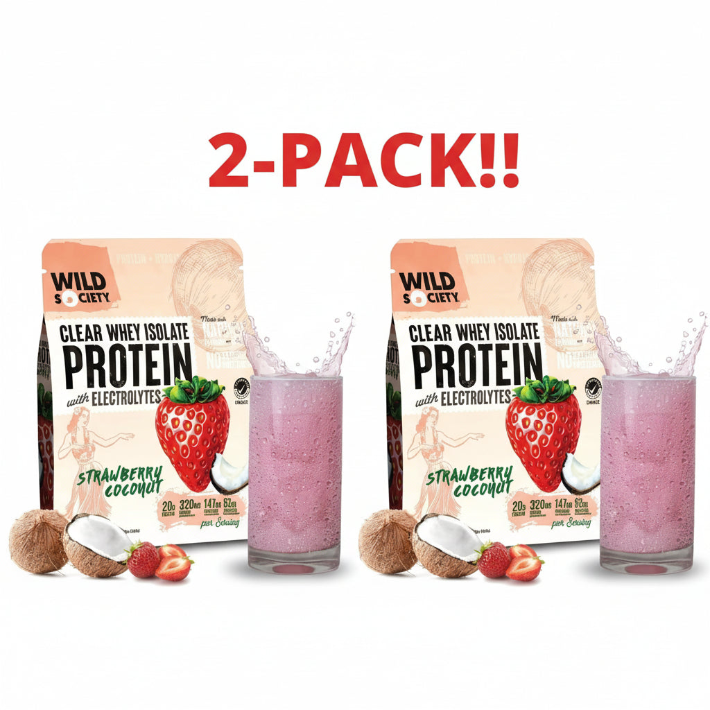 Two packages of Wild & Ciiety Strawberry Coconut protein with two glasses of pink smoothies.