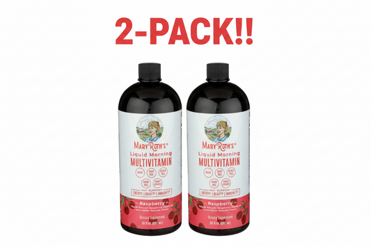 Two bottles of Mary Ritter's Liquid Multi-Vitamin with raspberry flavor on a white background.