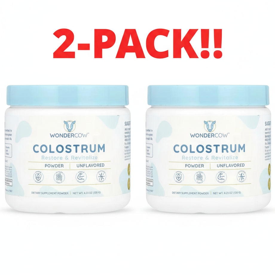 Two containers of WonderCow Colostrum powder with a '2-Pack!' label on a white background.