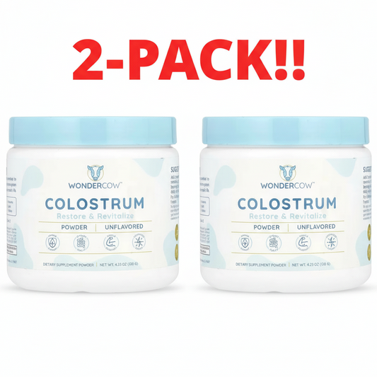 Two containers of WonderCow Colostrum powder with a '2-Pack!' label on a white background.