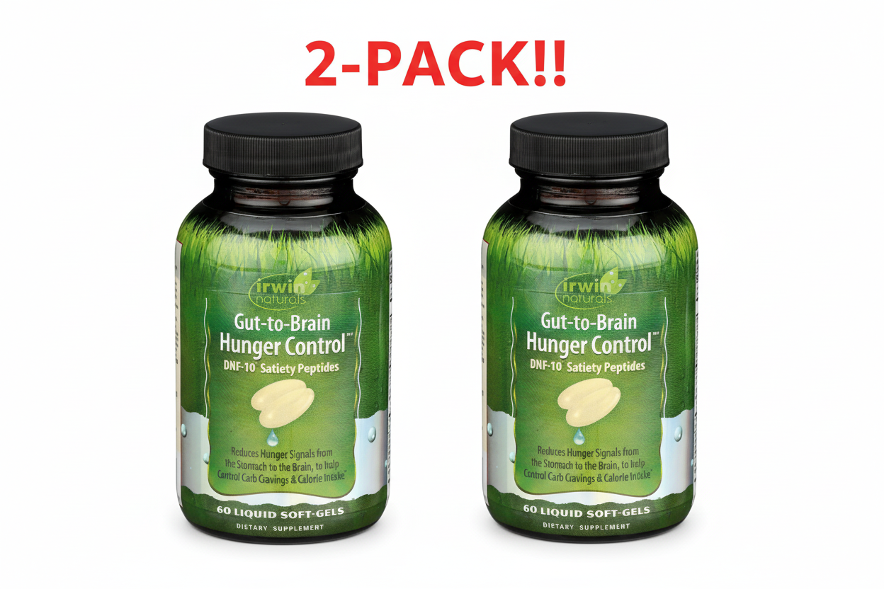 Two bottles of Gut-to-Brain Hunger Control supplement with a '2-Pack!' label on a white background.