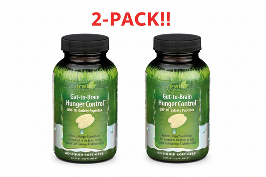 Two bottles of Gut-to-Brain Hunger Control supplement with a '2-Pack!' label on a white background.