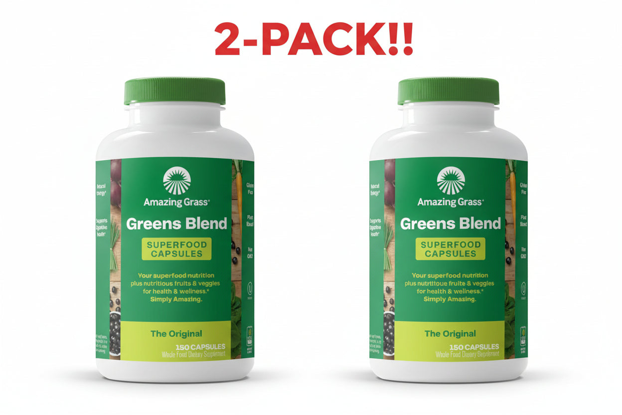 Two bottles of Amazing Grass Greens Blend Superfood Capsules on a white background with '2-Pack!!' text.