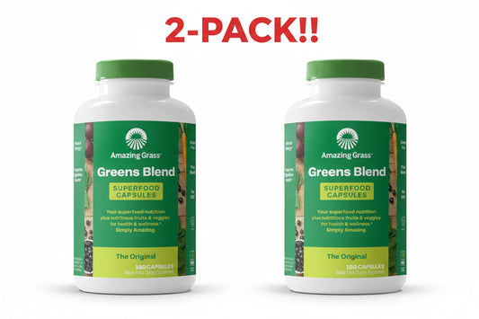 Two bottles of Amazing Grass Greens Blend Superfood Capsules on a white background with '2-Pack!!' text.