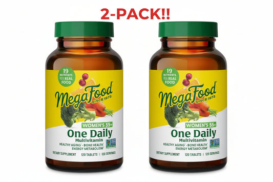 Two bottles of MegaFood Women's 55+ One Daily Multivitamin on a white background with '2-Pack!!' text above.