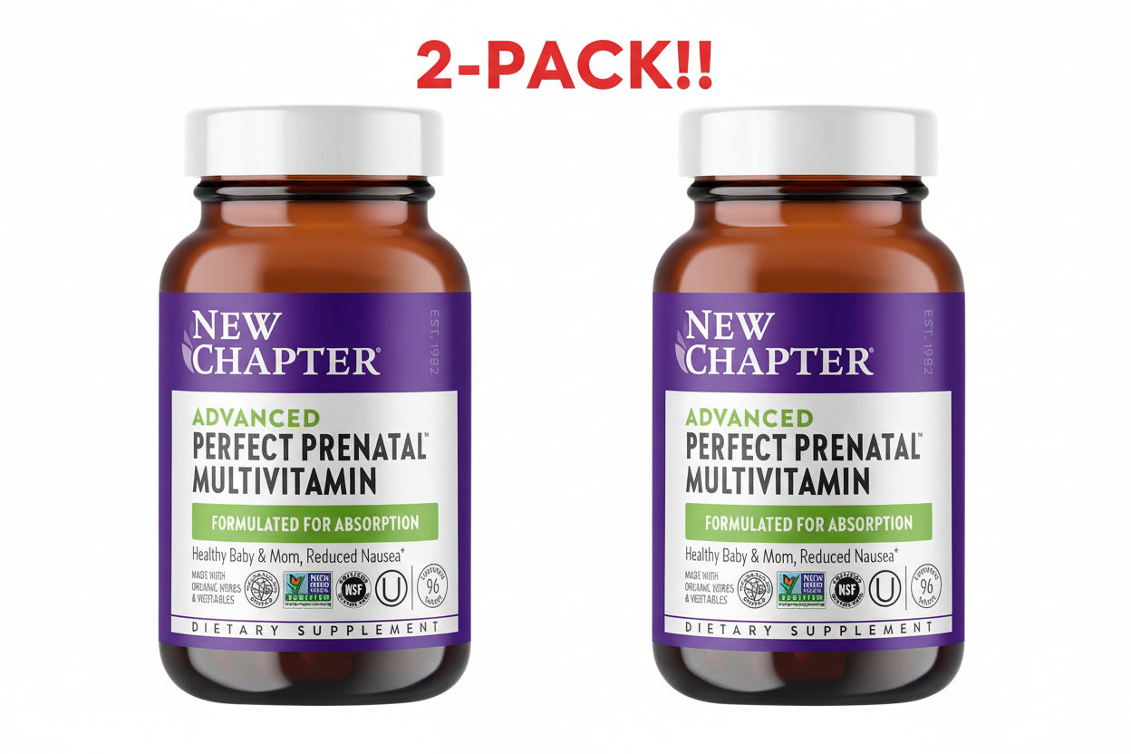 Two bottles of New Chapter Advanced Perfect Prenatal Multivitamin on a white background with '2-Pack!' text.