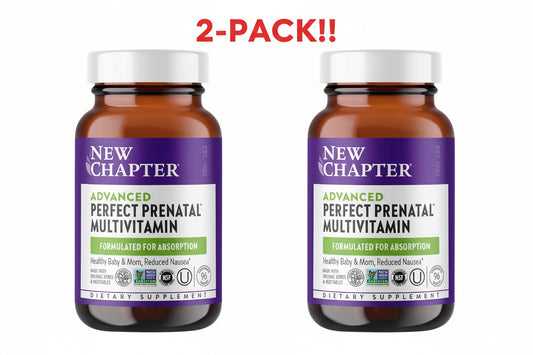 Two bottles of New Chapter Advanced Perfect Prenatal Multivitamin on a white background with '2-Pack!' text.