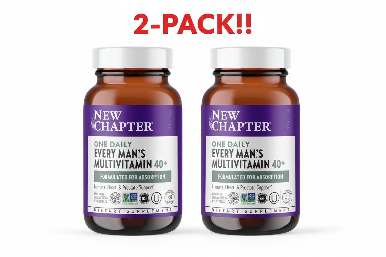 Two bottles of New Chapter Every Man's Multivitamin 40+ on a white background with '2-Pack!!' text.