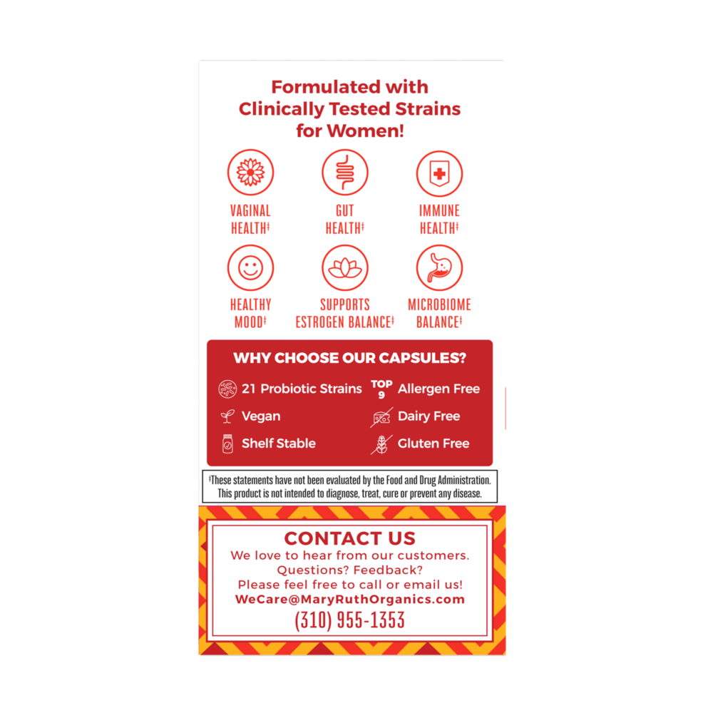 Product label for capsules with health benefits and contact information on a white background