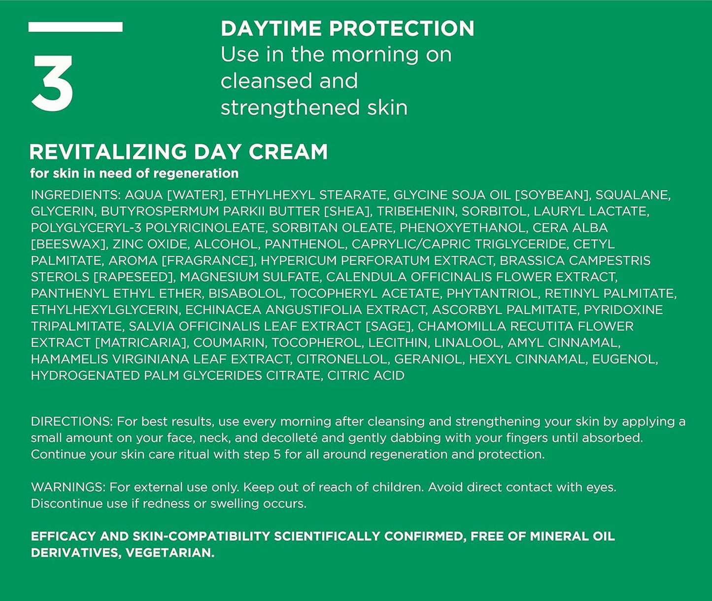 Revitalizing day cream label with ingredients and usage instructions on a green background