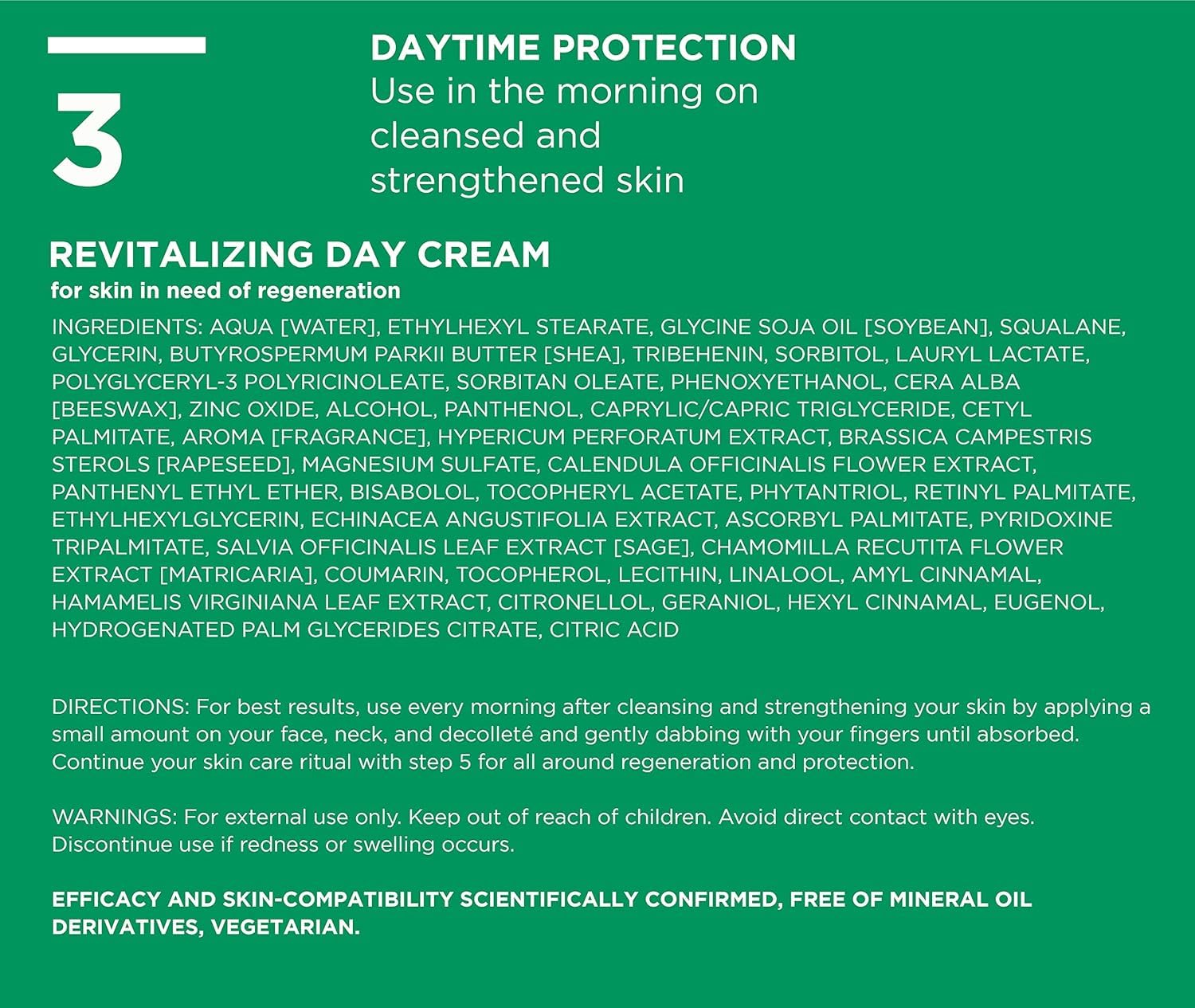 Revitalizing day cream label with ingredients and usage instructions on a green background
