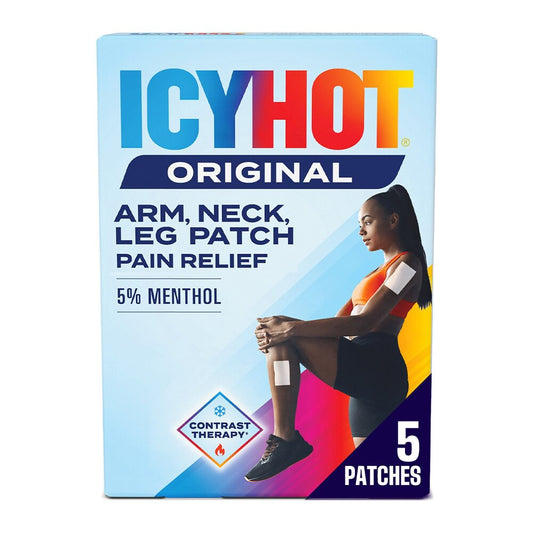 ICY HOT Original pain relief patch packaging with a woman using the patches on her arm.