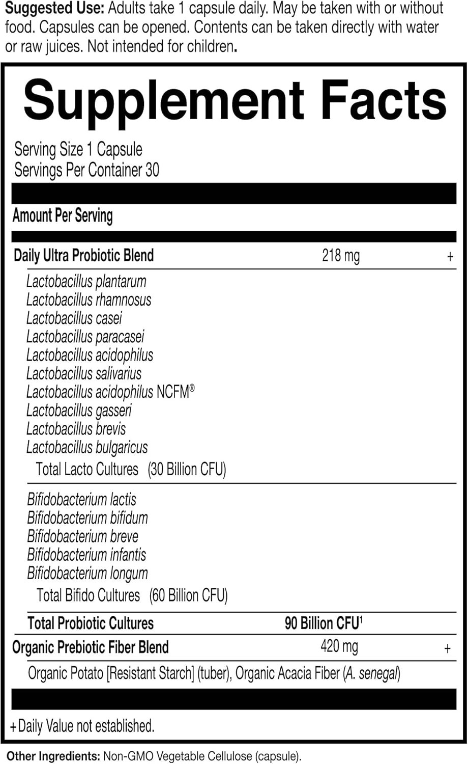 Supplement facts label for a probiotic blend with detailed information on cultures and amounts.