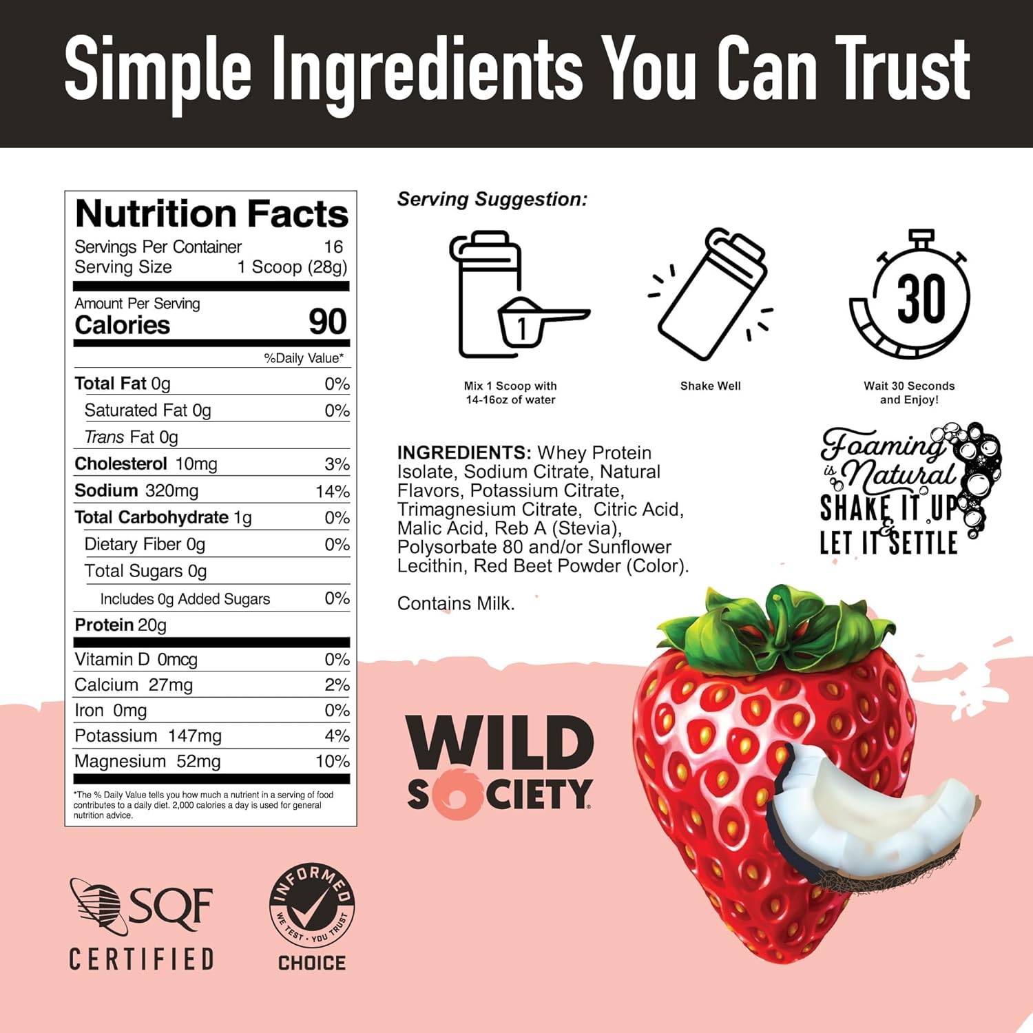 Nutrition label and ingredients list for a protein product with a strawberry and coconut illustration on a pink background.