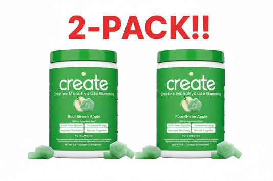 Green container of 'create' Creatine Monohydrate Gummies with sour green apple flavor on a white background.