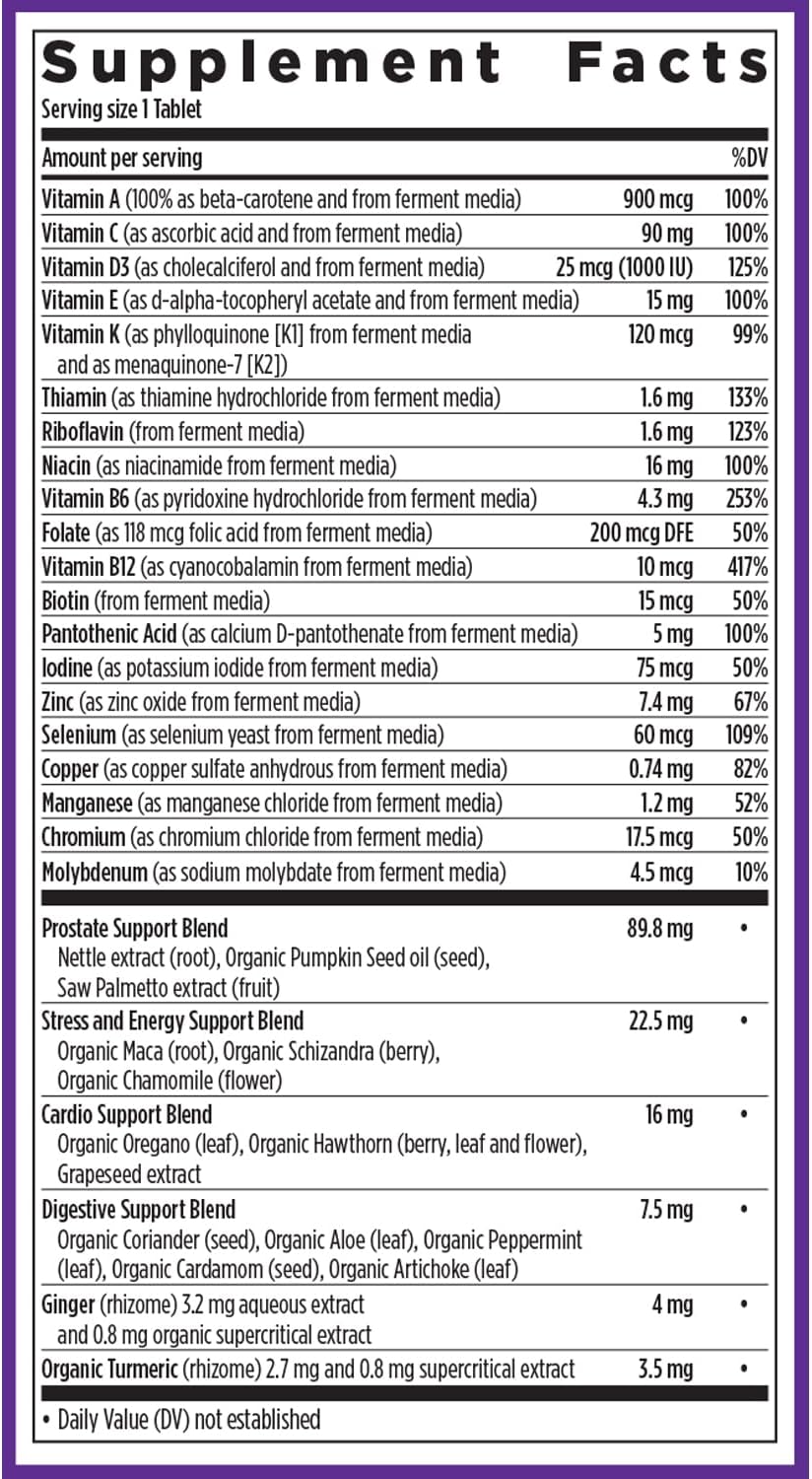 Supplement facts label with various nutrients listed on a purple background
