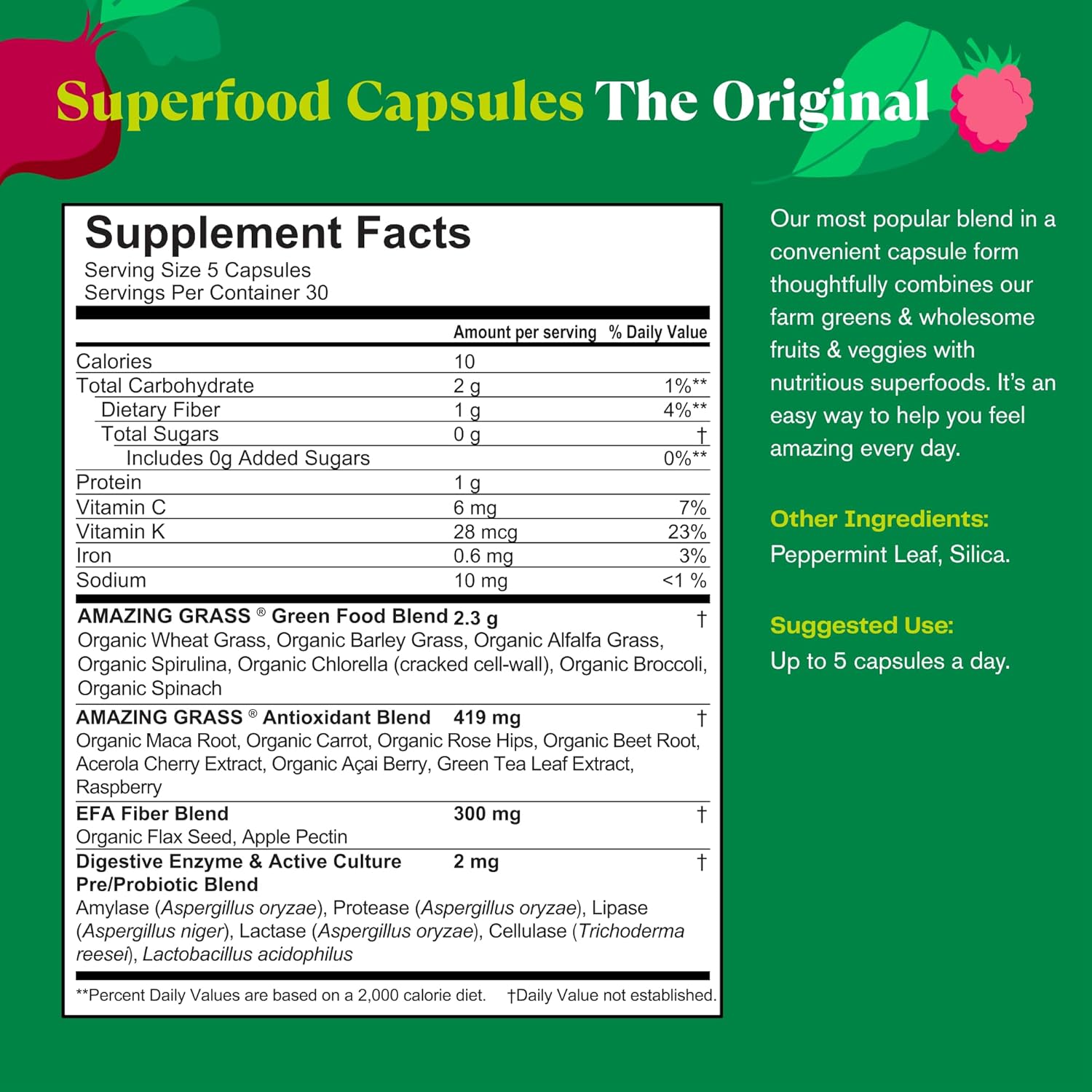 Supplement facts label for Superfood Capsules on a green background