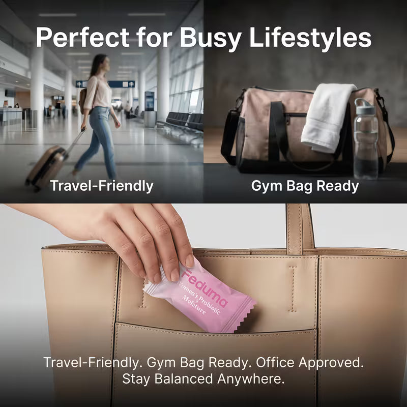 Product advertisement showing a person with luggage, gym bag, and hand placing a packet into a bag, with text highlighting travel-friendliness and gym readiness.