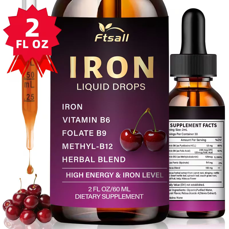 Iron liquid drops supplement bottle with cherry graphics and dropper on a white background