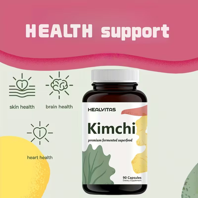 HEALVITAS Kimchi supplement bottle with health benefits on a pink and white background