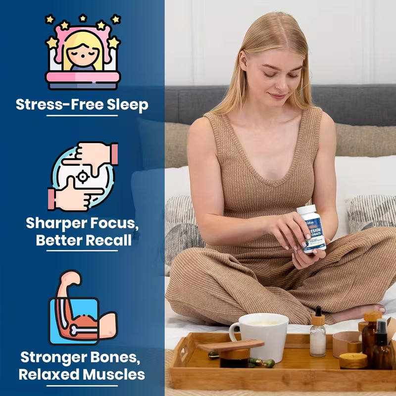 Woman sitting on a couch with a supplement bottle, surrounded by icons and text about health benefits.