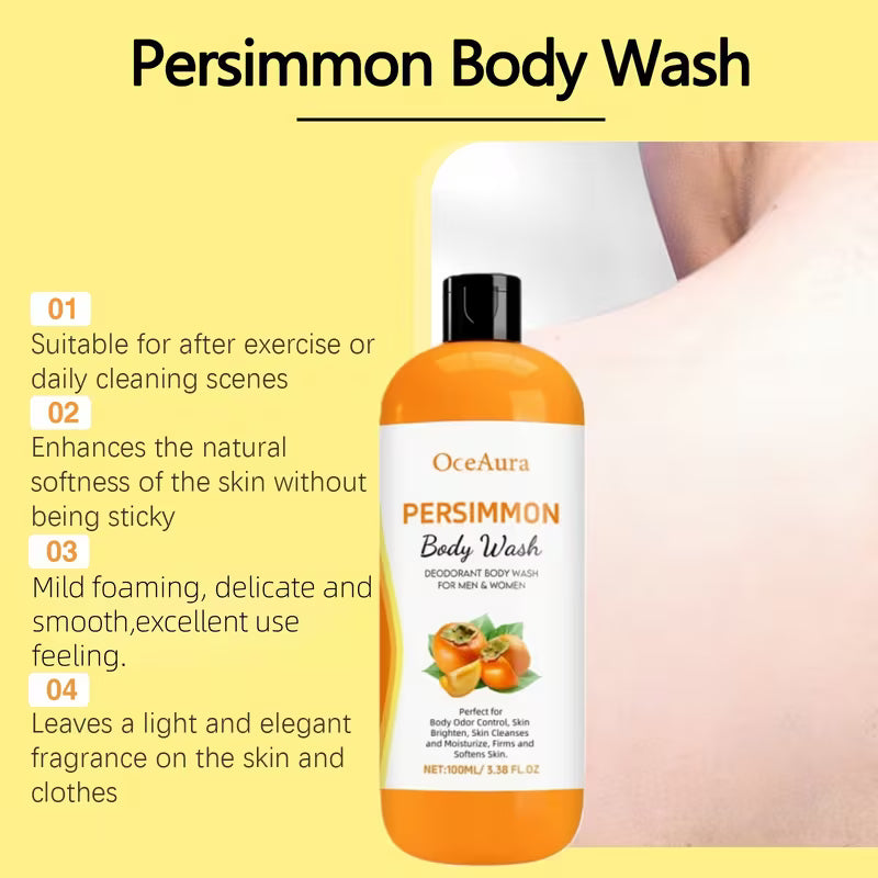 OceAura Persimmon Body Wash bottle with product details on a yellow background