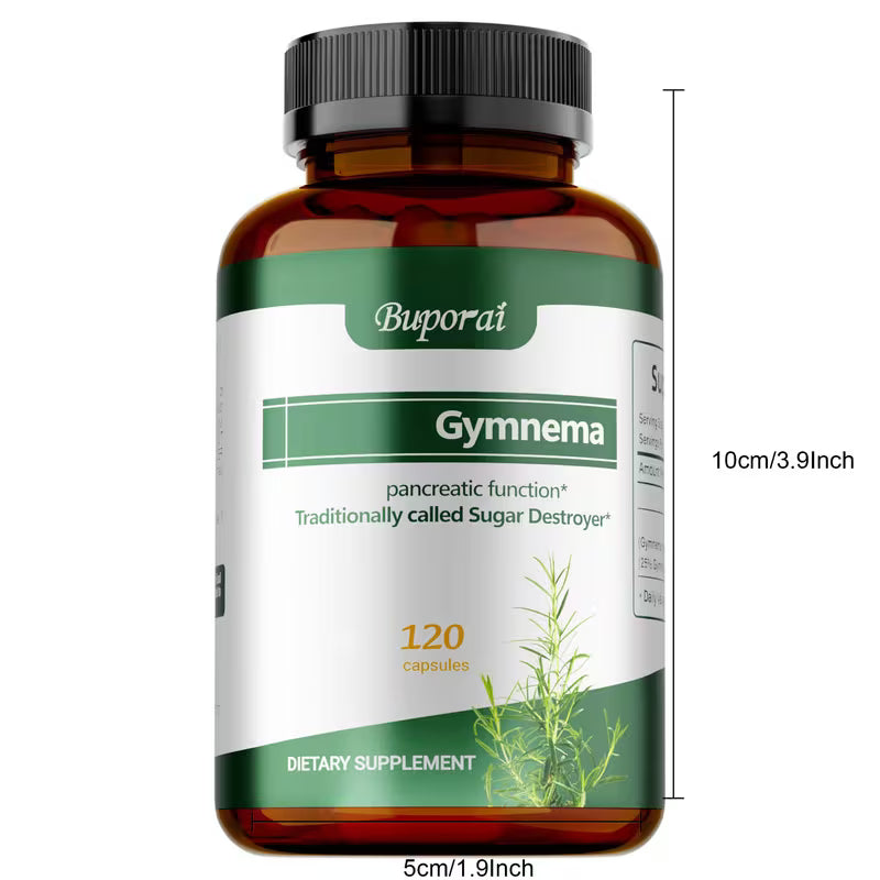 Buporai Gymnema dietary supplement bottle with label and dimensions on a white background