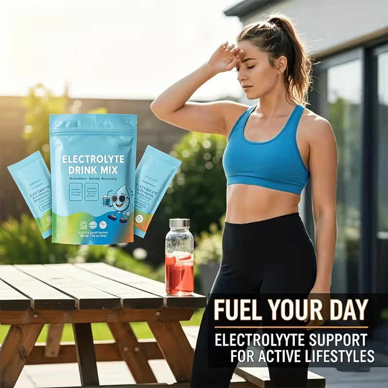 Woman in athletic wear with electrolyte drink mix packets and a bottle outdoors.
